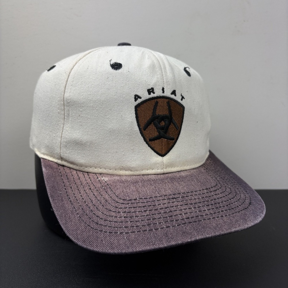 Vintage 90s Team Ariat Snapback Hat Cream Faded Black Western Adjustable Cap